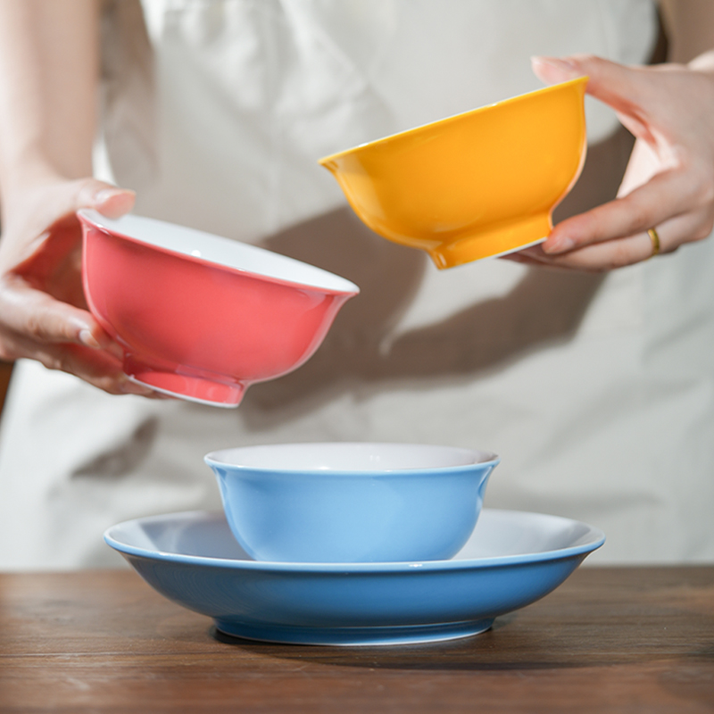 景德镇官方陶瓷颜色釉米饭碗家用个人专用中式餐盘纯色餐具散件