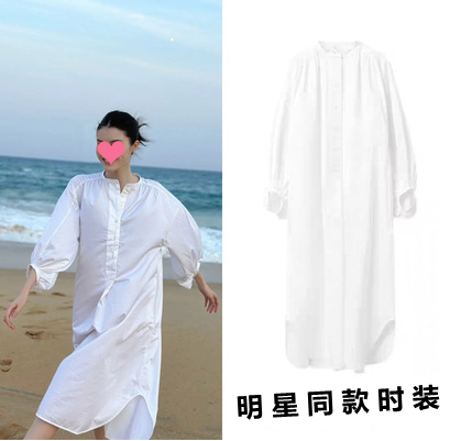 香港何穗同款法式衬衫连衣裙女夏韩版宽松设计感小众沙滩度假长裙