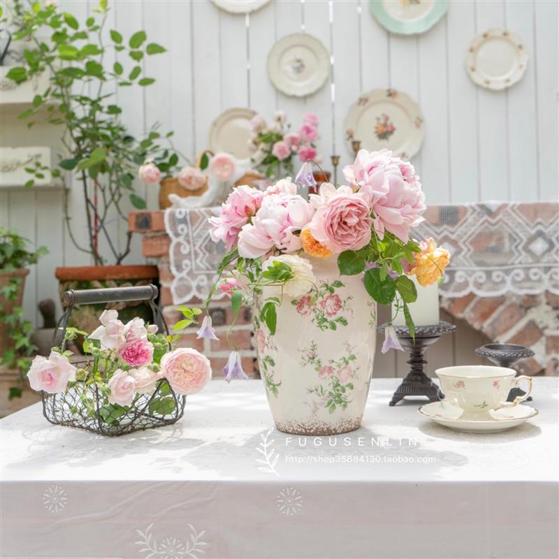 美法式复古做旧冰裂釉玫瑰花纹陶瓷水培干鲜花瓶插民宿样板房摆件