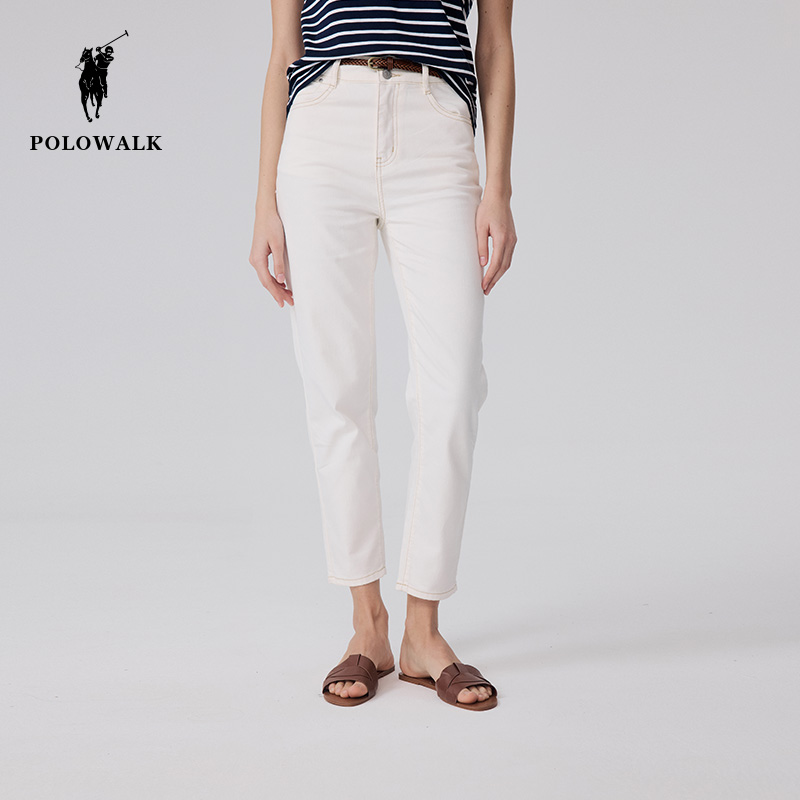 POLOWALK直筒牛仔裤女士2024春季新款白色高腰老钱风明线长裤子