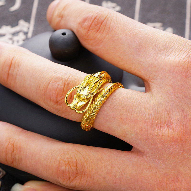 越南沙金龙头浮雕霸气士开口戒指黄铜电镀24k金首饰欧币饰品女