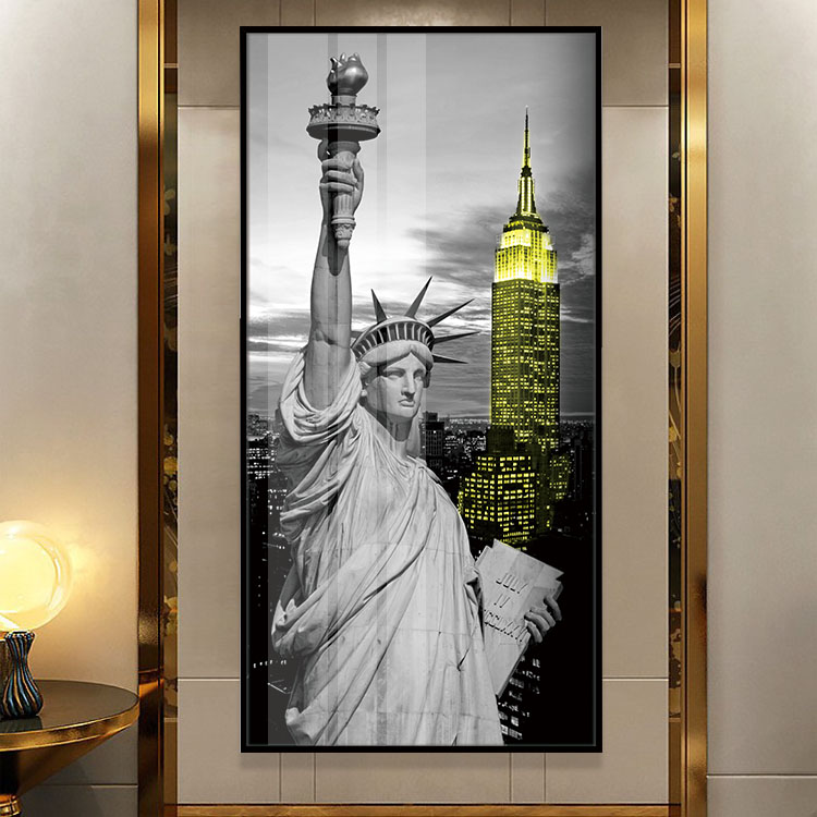 金黄色帝国大厦黑灰色自由女神像装饰画酒店玄关过道背景墙晶瓷画