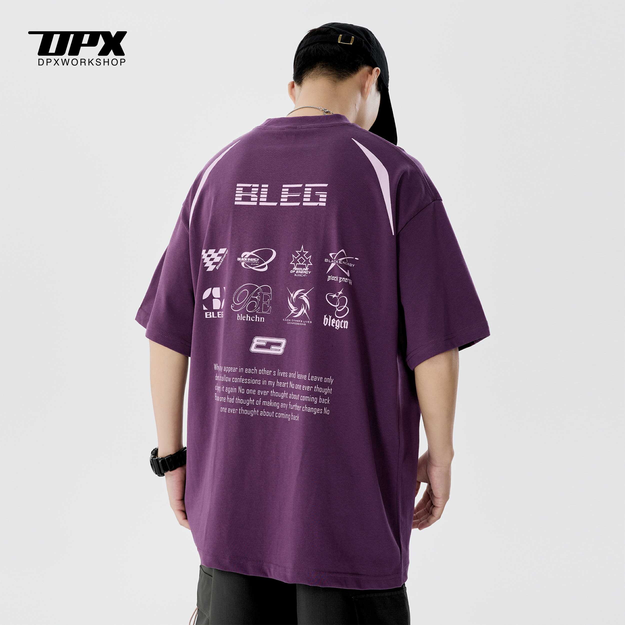 DPX潮牌夏季美式印花短袖t恤男生紫色机车风重磅宽松休闲半袖体恤