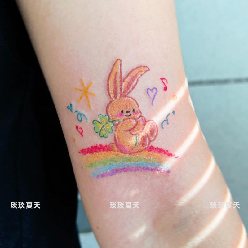 彩虹兔子纹身贴纸 防水持久仿真可爱彩色卡通四叶草儿童贴画ins风