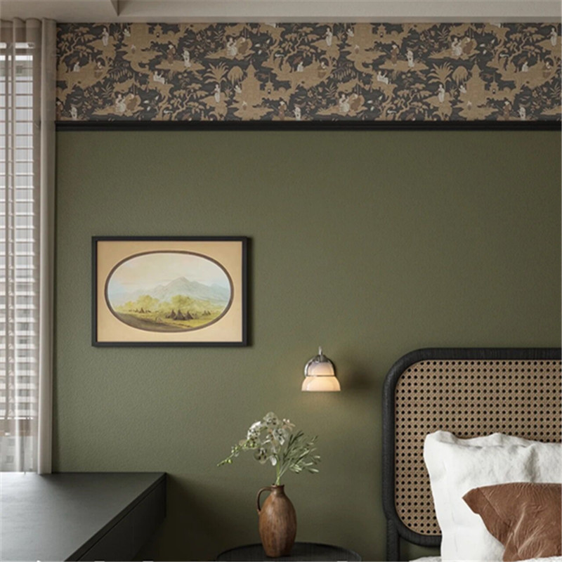 法式复古南阳风卧室墙纸橄榄绿墙壁布中式古风背景墙壁纸无缝壁画