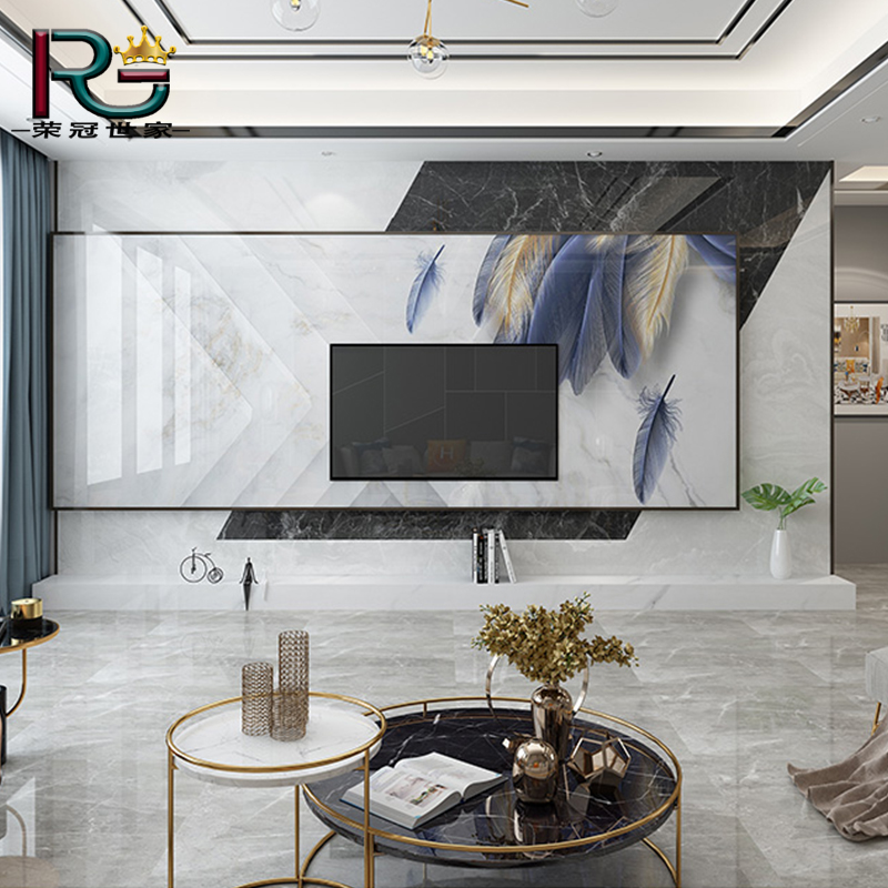 新岩板电视背景墙设计现代悬空轻奢简约大气中式瓷砖大理石客厅装