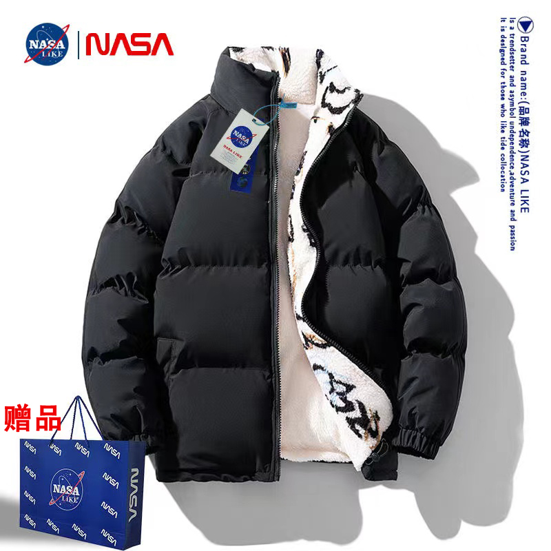 NASA联名白鸭绒外套男冬季加绒加厚立领面包服羽绒棉服情侣装棉袄