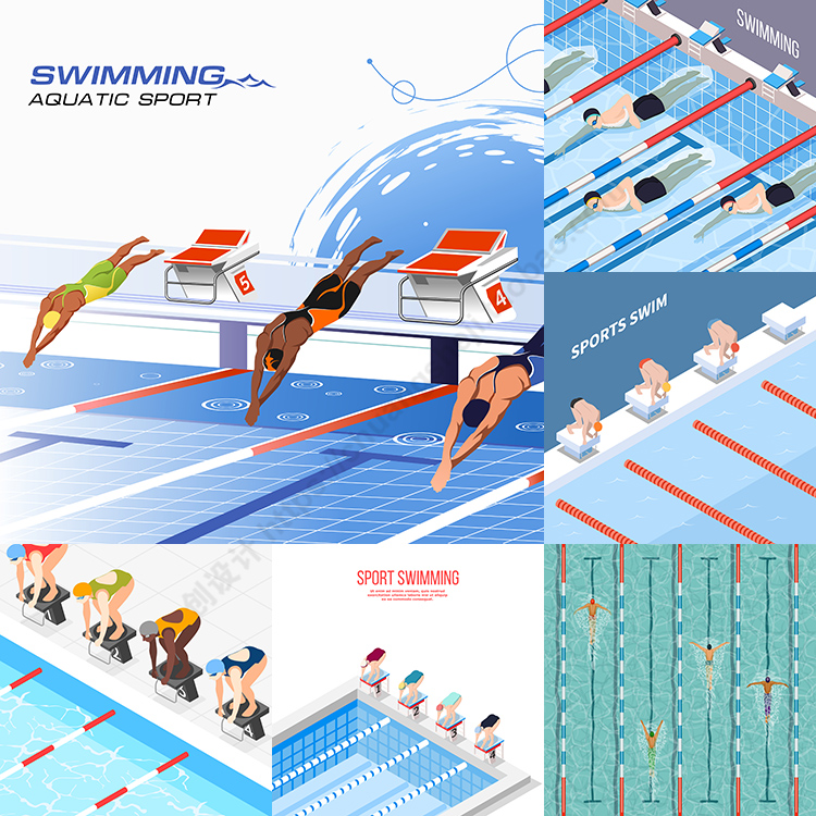 游泳比赛插画 扁平化卡通体育运动比赛背景 AI格式矢量设计素材