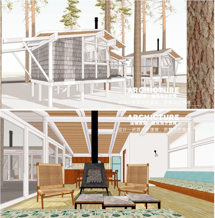 森林/林中架空度假分散式小木屋/坡屋顶/国外住宅建筑设计/su模型