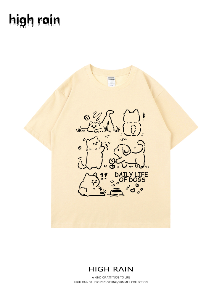 日系可爱狗狗涂鸦卡通印花短袖t恤女奶黄色纯棉上衣2024新款夏季