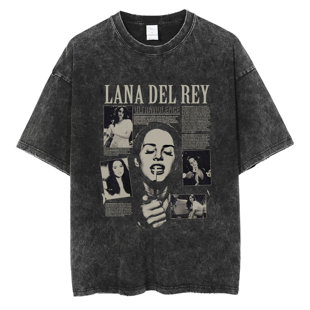 90年代歌手Lana Del Rey水洗T恤原宿男士复古做旧短袖大码纯棉潮T