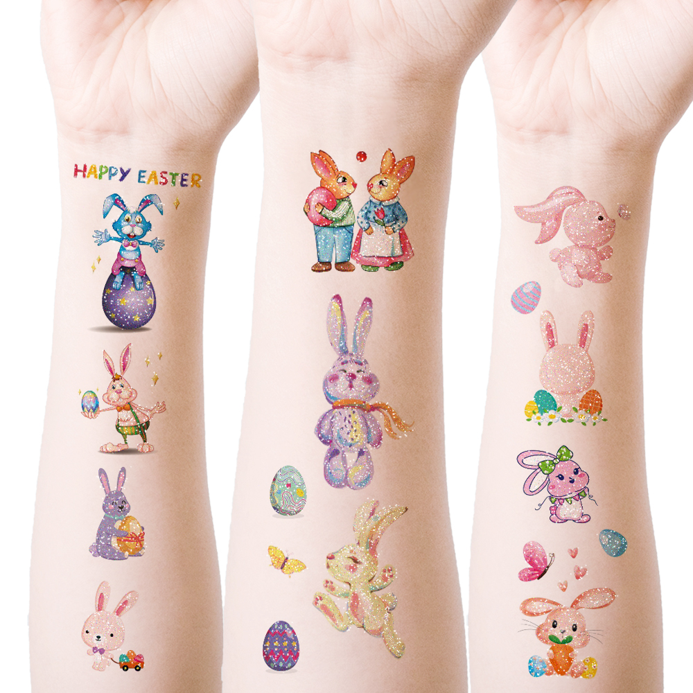 闪粉复活节彩蛋纹身贴纸防水男女孩持久儿童安全卡通兔子装饰贴花