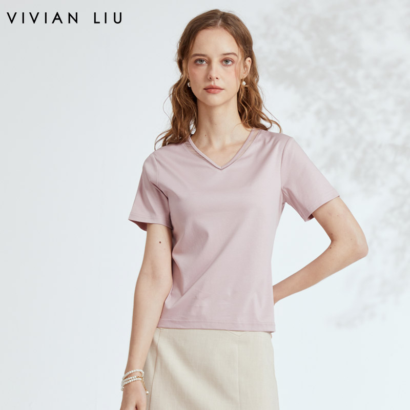 VIVIAN LIU薇薇安刘 R2327305春女装新款V领拼接网纱半袖针织衫