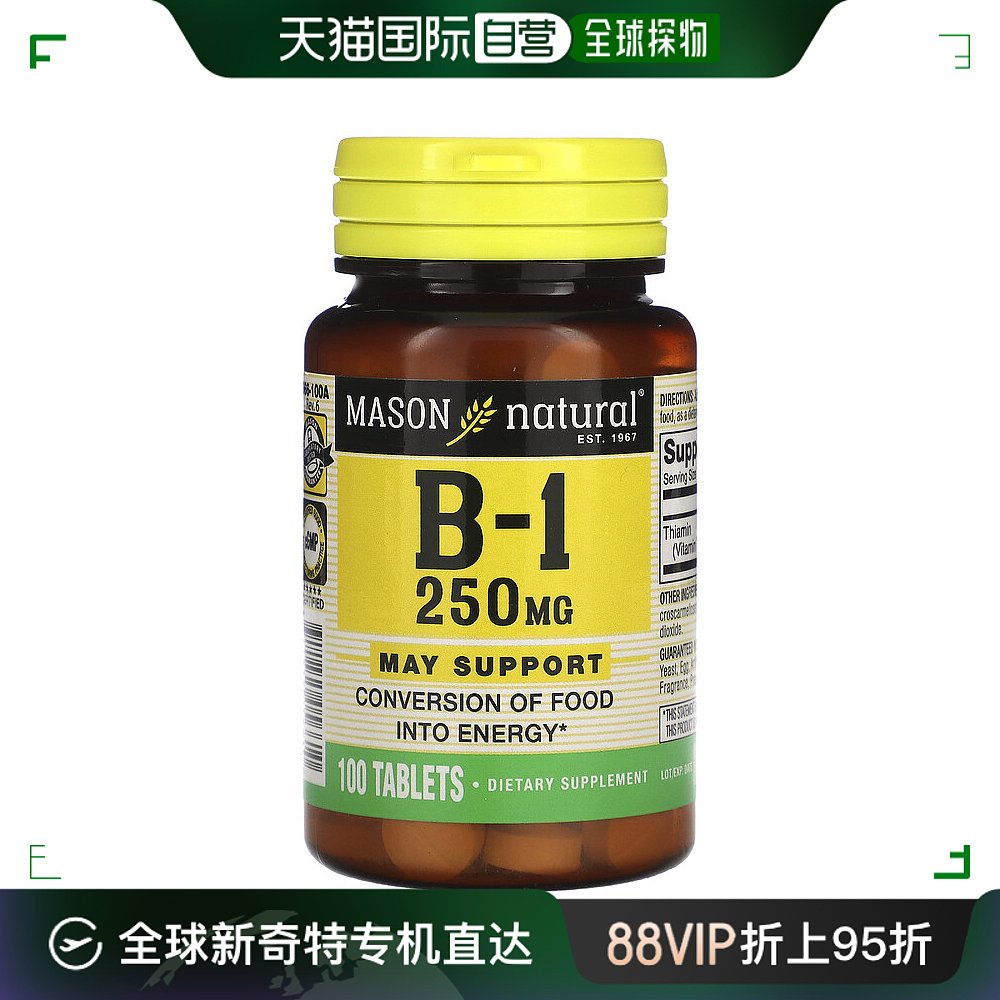 香港直发MASON NATURAL维生素B1支持食物向能量的转化营养100片