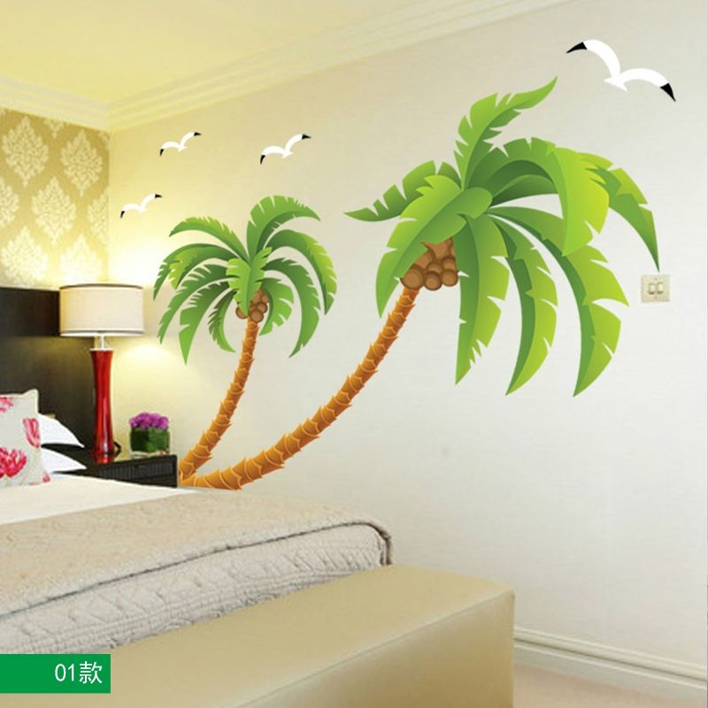 椰子树墙贴画海滩风景椰树海鸥贴纸客厅房间卧室墙面装饰墙纸自粘