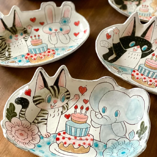 日本作家清水桐子手绘餐盘碟子可爱猫咪兔子大象动物印花餐盘