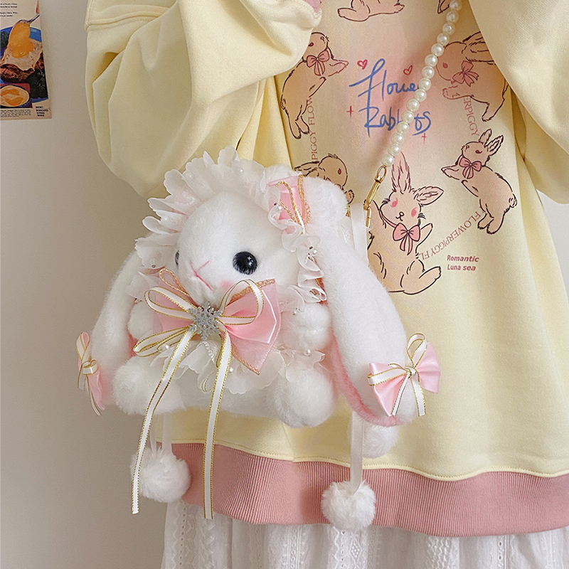 小兔子女孩毛绒包斜挎包少女儿童包软妹针织链条可爱日系卡通背包
