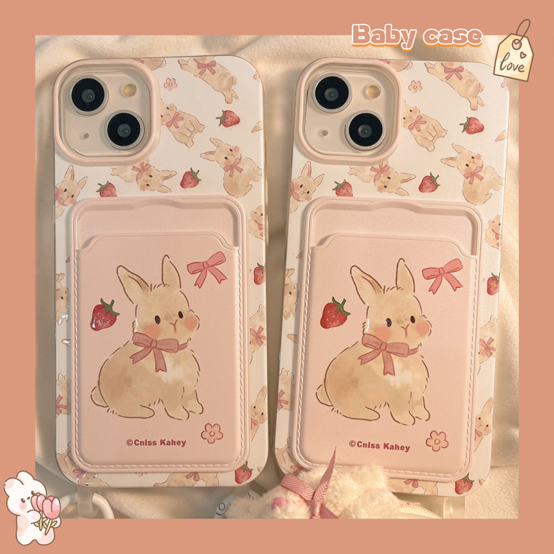 少女心粉色兔子草莓卡包适用iPhone15promax手机壳苹果14pro新款11带挂绳12可爱14卡通13pro韩系15全包手机套