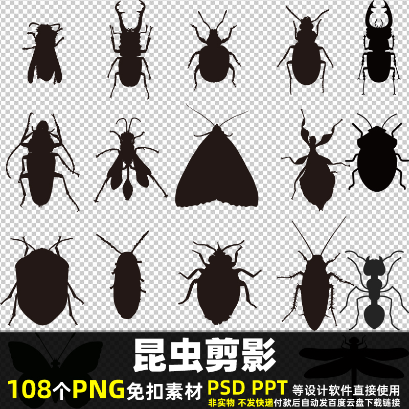 昆虫剪影PNG免扣背景素材PSD卡通小动物蟑螂虫子蝴蝶蜻蜓图片打印