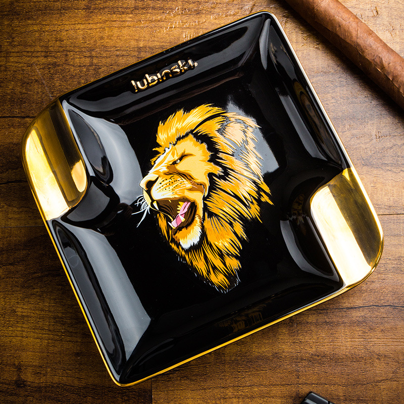 鲁宾斯基 LUBINSKI雪茄烟缸双烟槽陶瓷商务黑金边霸气狮子王头像