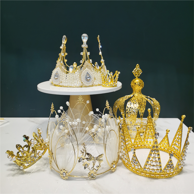 新皇冠生日帽蛋糕装饰摆件新娘饰品烘焙水晶复古手工珍珠钻石女王