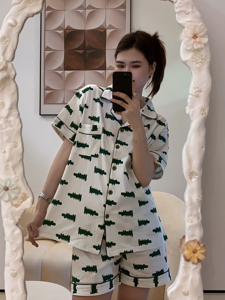 韩国夏季卡通童趣鳄鱼纯棉睡衣男女开衫短袖短裤家居服情侣套装
