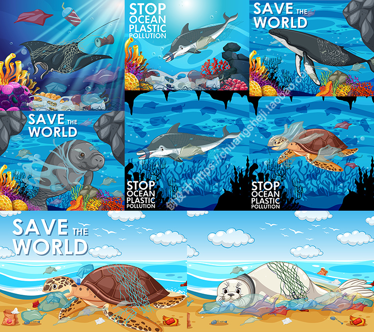 拯救海洋动物插画停止塑料垃圾污染生物环境 EPS格式矢量设计素材
