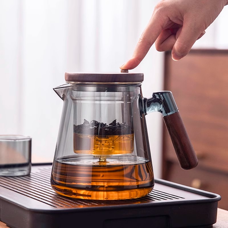 飘逸杯泡茶壶2024新款胡桃木把手玻璃内胆一键过滤茶水分离冲茶壶