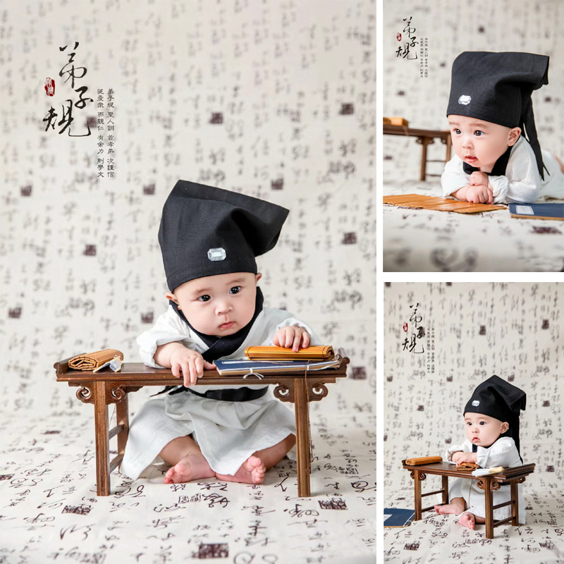 网红百天拍照服装复古书生中国风宝宝照婴儿主题摄影服装古装背景