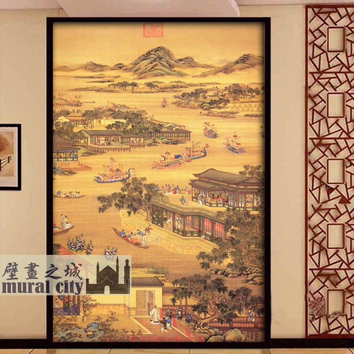 新中式复古山水意境壁纸古代宫廷摄影拍照壁画墙纸国画赛龙舟壁画