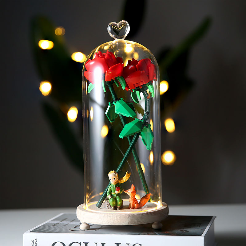 永生花发光玻璃罩小王子玫瑰花积木爱心乐高情人节求婚表白礼物