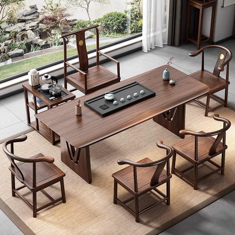 新中式乌金木实木大板茶桌椅组合现代简约办公家用干湿泡茶台一体