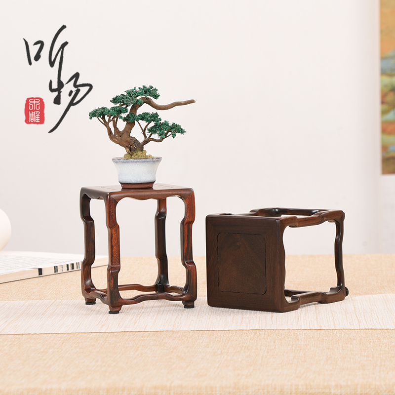 大红酸枝明式微型新中式茶壶盆景摆件展示托架香炉铜器方花几木托