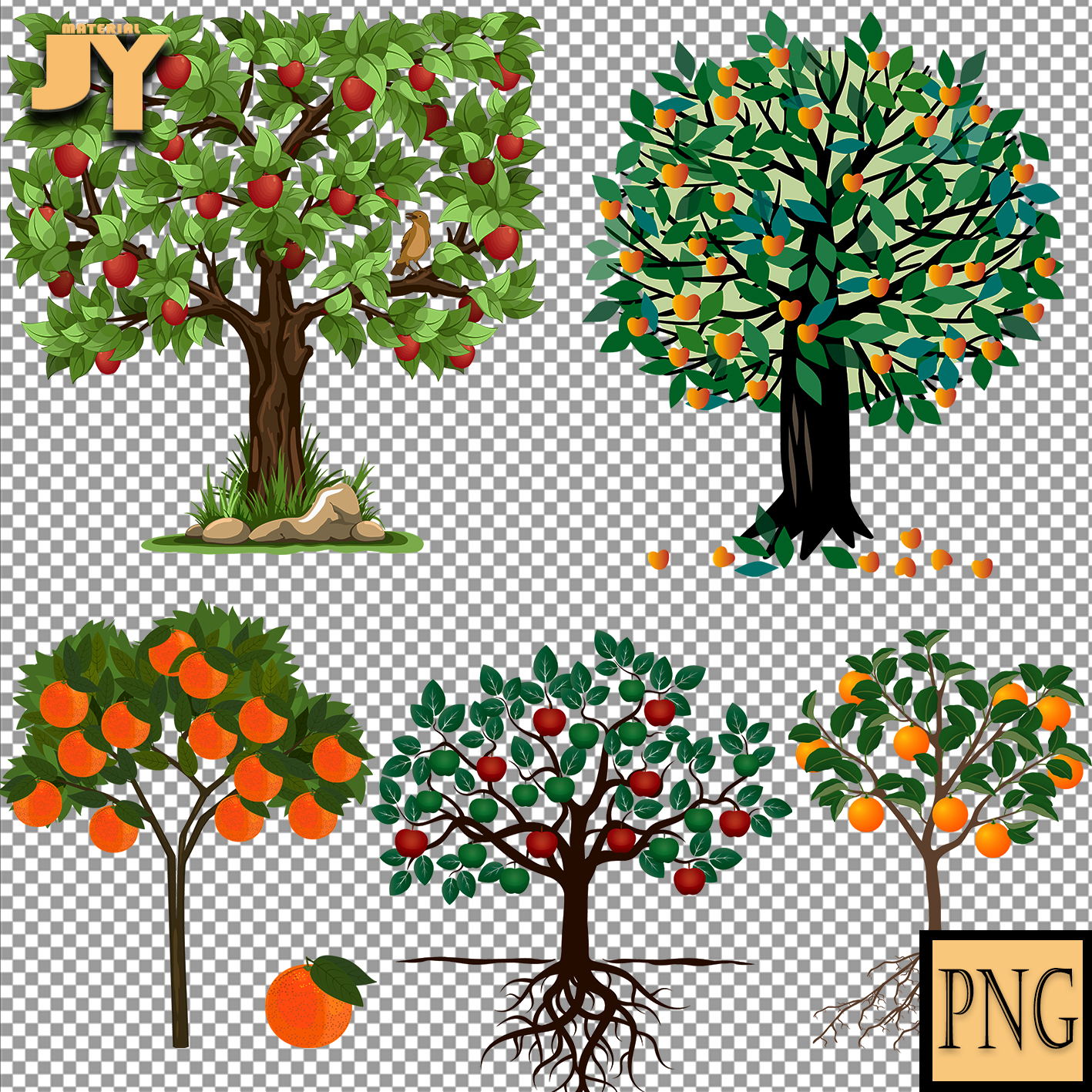果树橘子树苹果树卡通大树绿色树木小树插画PNG设计素材