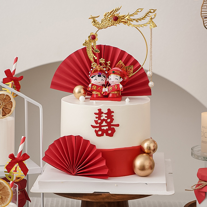 红色喜字喜鹊新中式婚礼蛋糕装饰结婚订婚快乐吾家有喜甜品台装扮