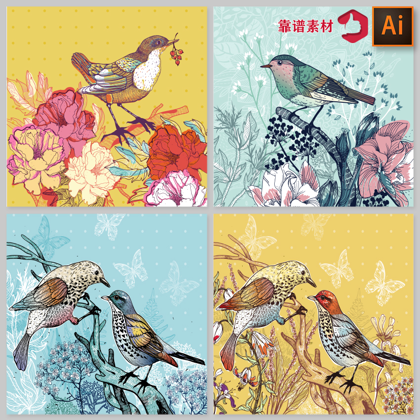 春天的小鸟鲜花手绘素描速写装饰画矢量设计素材