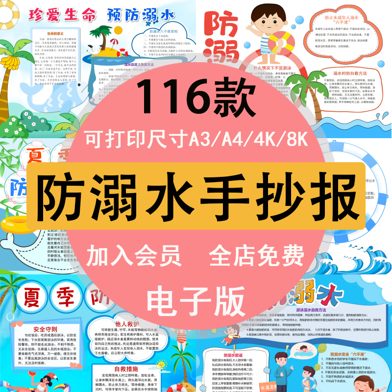 预防溺水手抄报模板中小学生幼儿园暑假珍爱生命安全电子小报A3A4