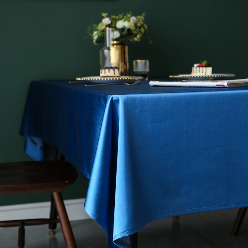 蓝色锦缎轻奢桌布纯色定制北欧ins长方形圆餐桌家用茶几台布艺