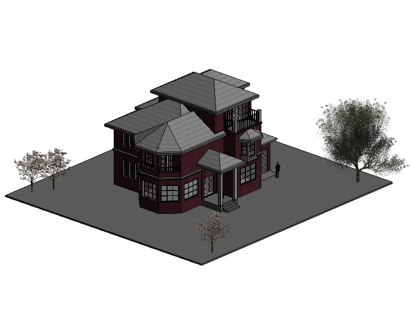 Revit欧式小别墅BIM三维建模成品三层模型2020版本无CAD图纸