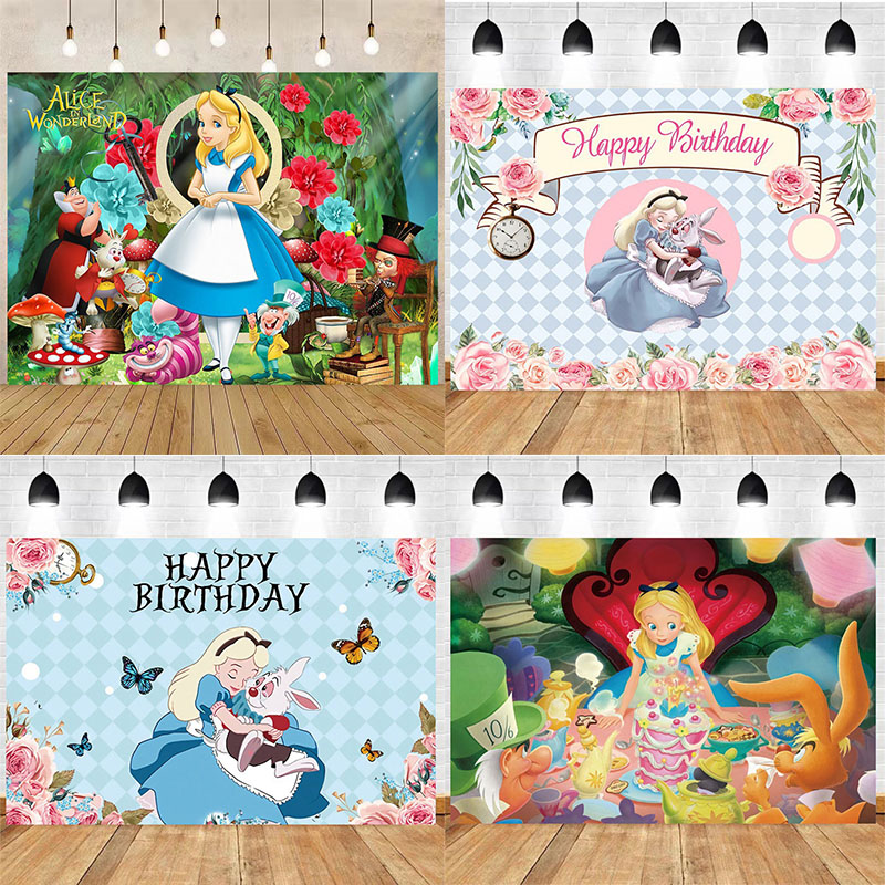 爱丽丝梦游仙境主题生日派对布置背景墙挂布海报拉旗气球蛋糕装饰