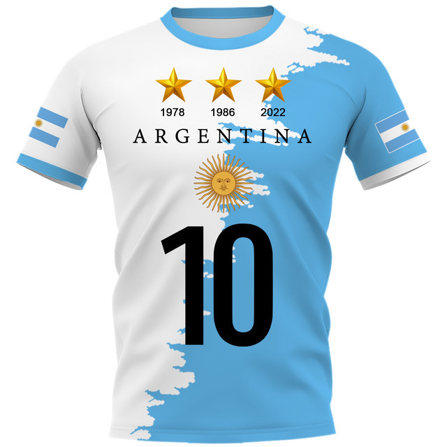 新阿根廷原创足球衬衫旗帜时尚3D男女街头舒适运动水手领短袖上衣