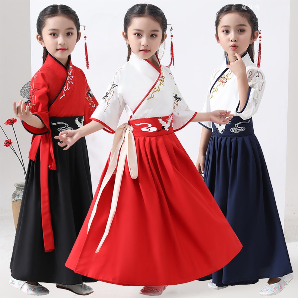 儿童古装汉服夏季薄款女中国风小学生短袖男女童国学书童演出服装