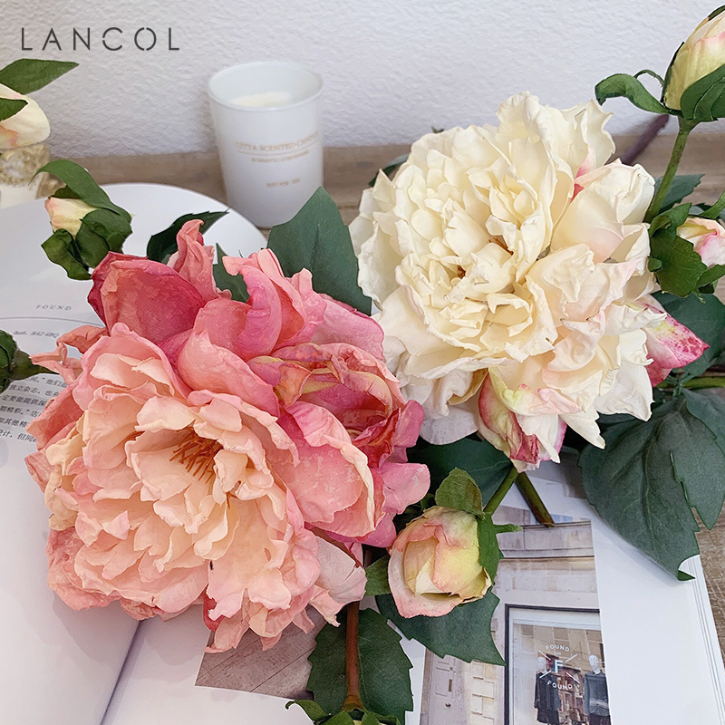 Lancol欧式复古仿真花 白粉色油画大牡丹 客厅餐桌装饰花摄影假花