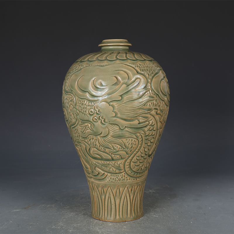 宋瓷收藏宋代耀州窑雕刻龙纹梅瓶仿古瓷器古董古玩宋代老瓷器品