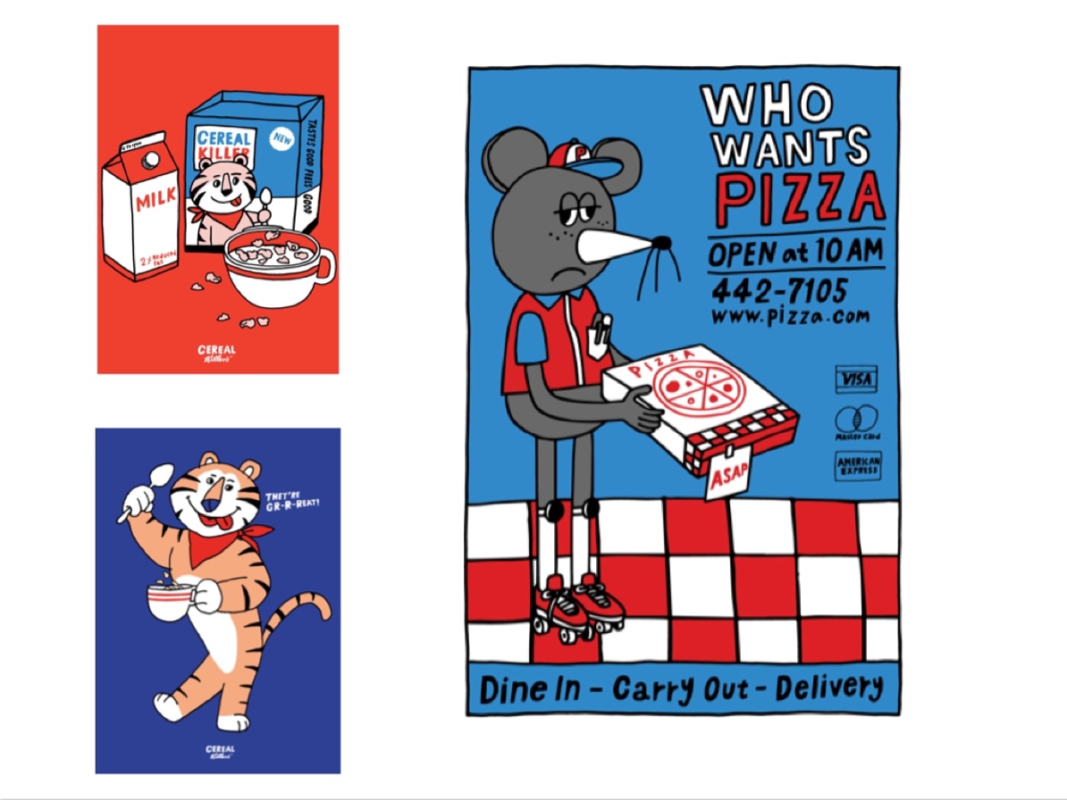 送匹萨的小老鼠小老虎～ 复古蓝色 波普艺术海报 装饰画