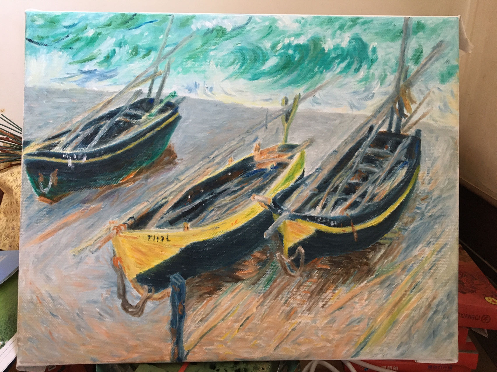 印象派大师莫奈“三艘渔船”临摹，手绘油画，大师临摹，装饰画