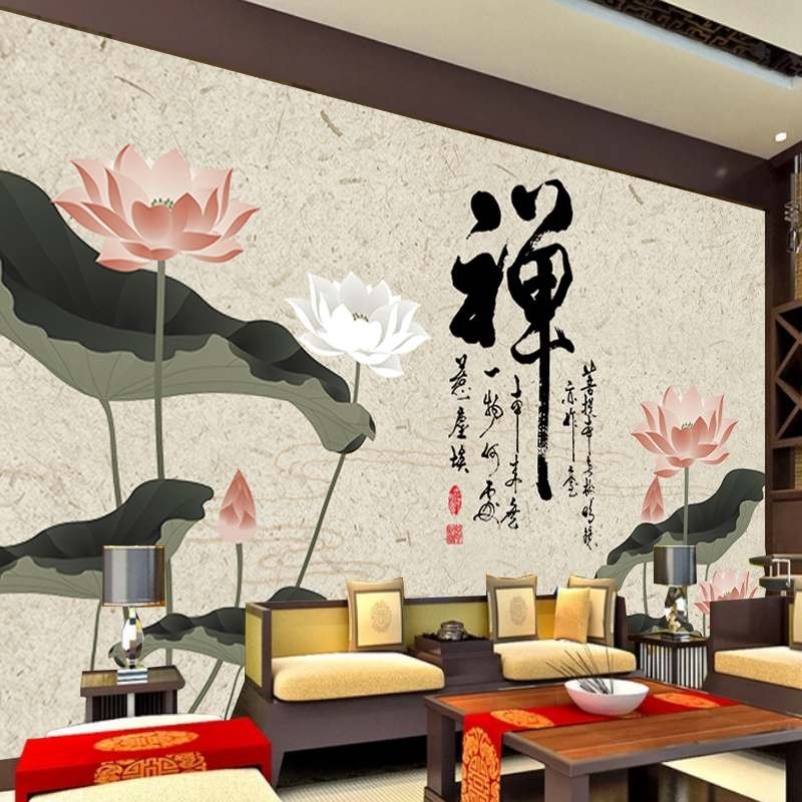 3D简约现代新中式禅意手绘水墨荷花客厅电视背景墙纸山水壁纸壁画