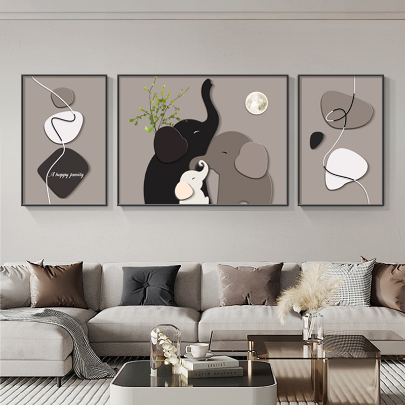 黑白灰意式极简客厅装饰画一家三口大象挂画石来运转寓意好三联画