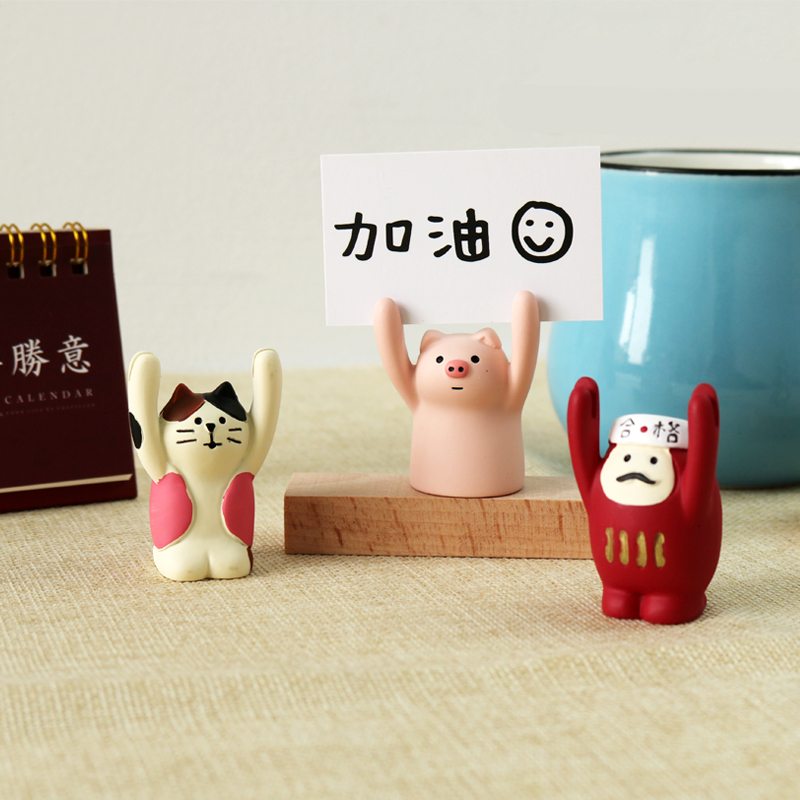 日式加油达摩举手牌照片夹留言小猪卡通便签树脂可爱桌面装饰摆件