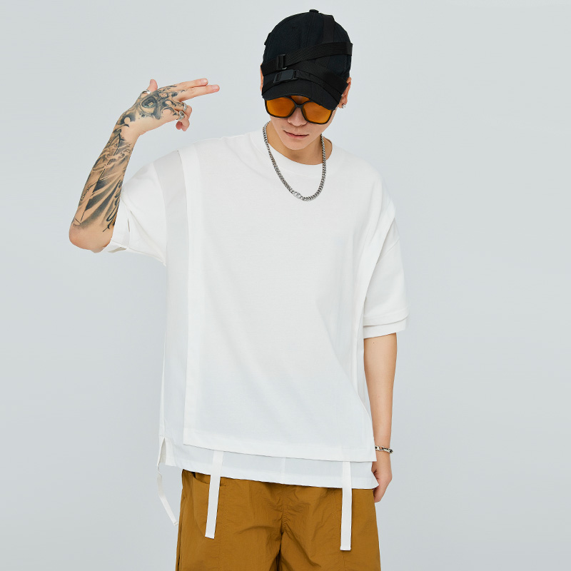 解构拼接设计感白色t恤男小众街头嘻哈男生冰丝棉发型师潮流短袖